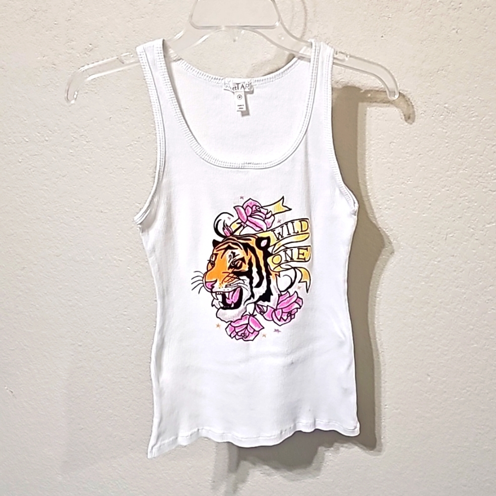 SweetTART Juniors Medium White Ribbed Tank Top Tiger Wild One Design